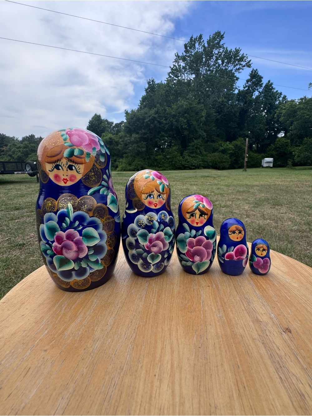 Blue Floral Matryoshka Nesting Dolls - Hand-Painted Set of 5- 6” tall
